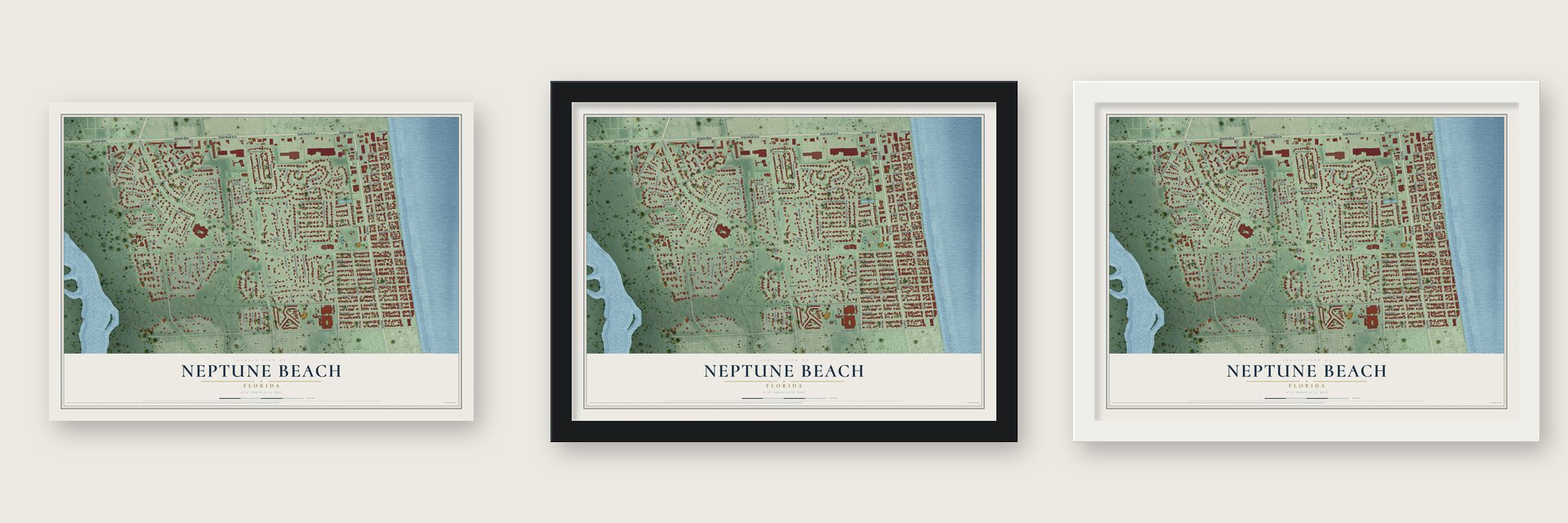 Neptune Beach, Florida map unframed, in a black wood frame and in a white wood frame
