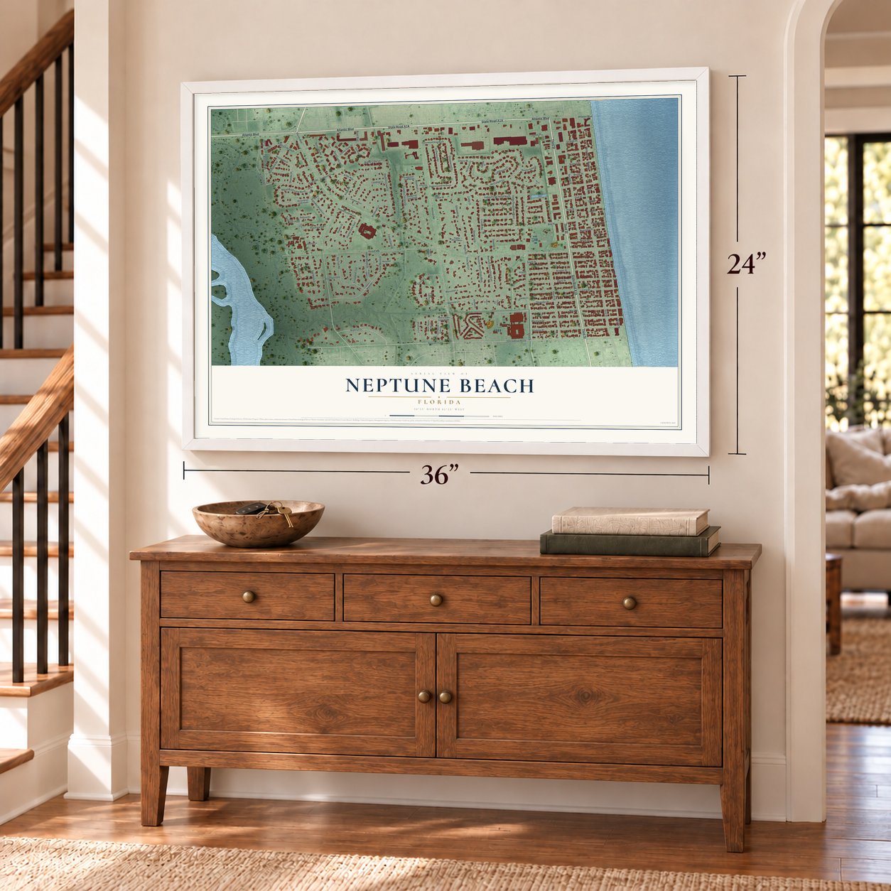 Neptune Beach, Florida map, 24 x 36 inch print in a white frame above a dresser by a staircase