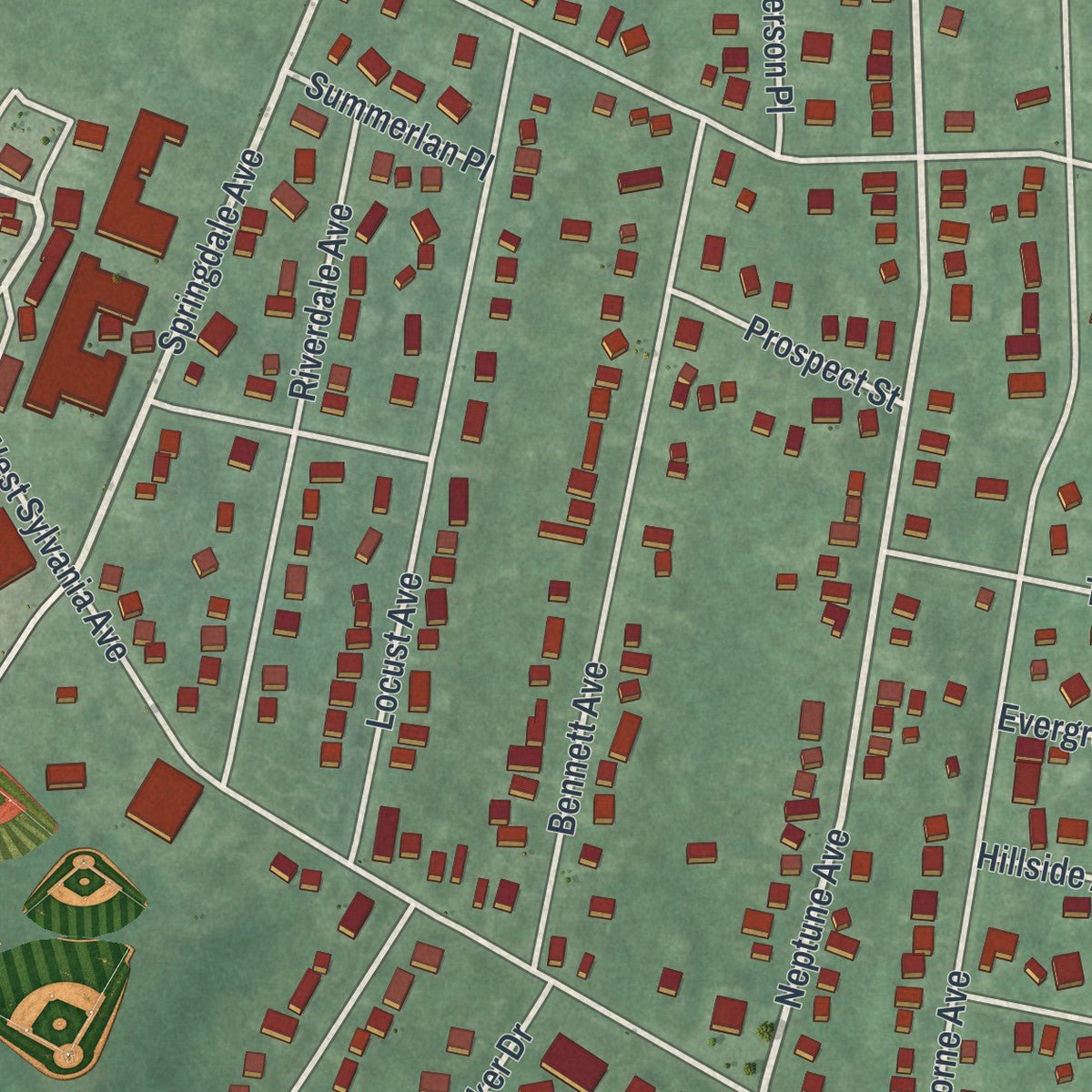 Second close-up of the map of Neptune City, New Jersey print showing more streets and buildings