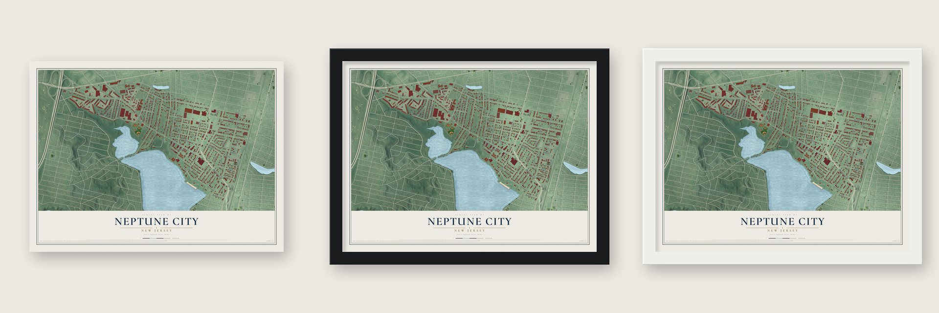 Neptune City, New Jersey map unframed, in a black wood frame and in a white wood frame