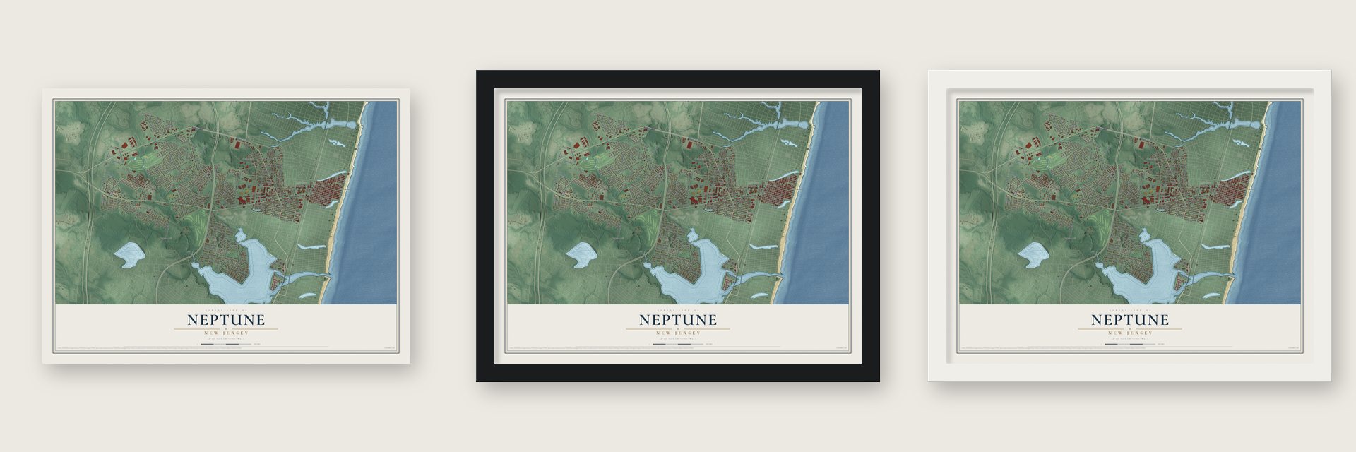 Neptune, New Jersey map unframed, in a black wood frame and in a white wood frame
