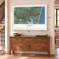 Neptune, New Jersey map, 24 x 36 inch print in a white frame above a dresser by a staircase