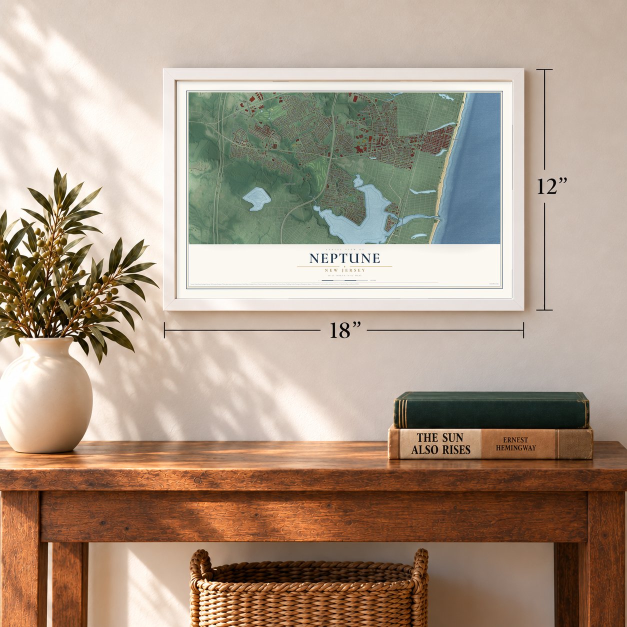 Neptune, New Jersey map, 12 x 18 inch print in a white frame in an entryway