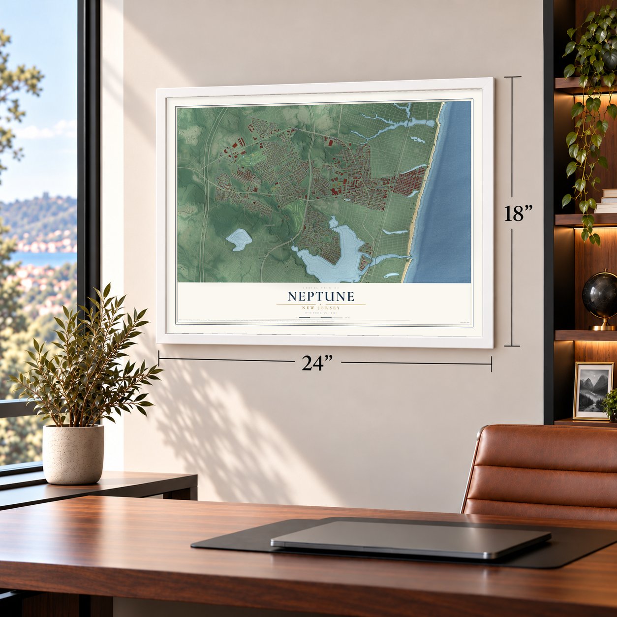 Neptune, New Jersey map, 18 x 24 inch print in a white frame in a home office