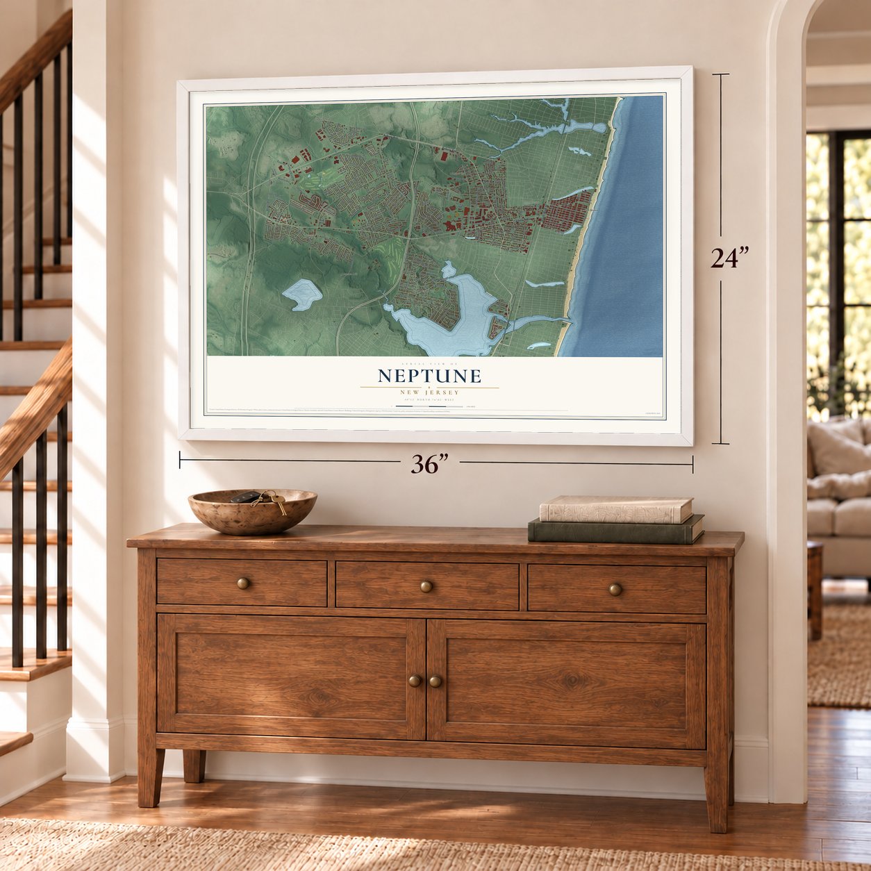 Neptune, New Jersey map, 24 x 36 inch print in a white frame above a dresser by a staircase