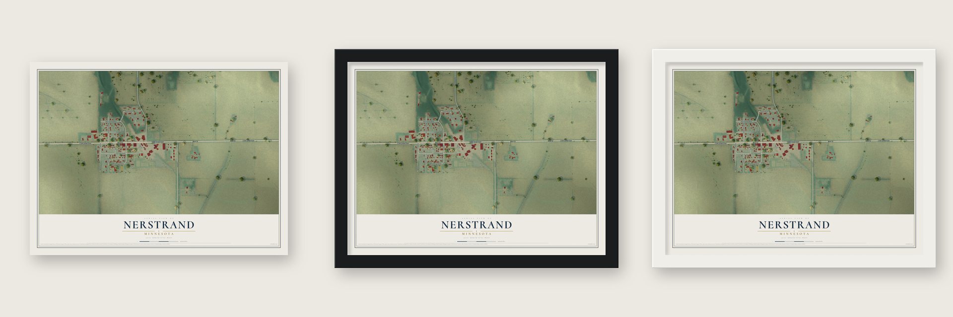 Nerstrand, Minnesota map unframed, in a black wood frame and in a white wood frame