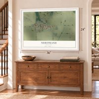 Nerstrand, Minnesota map, 24 x 36 inch print in a white frame above a dresser by a staircase