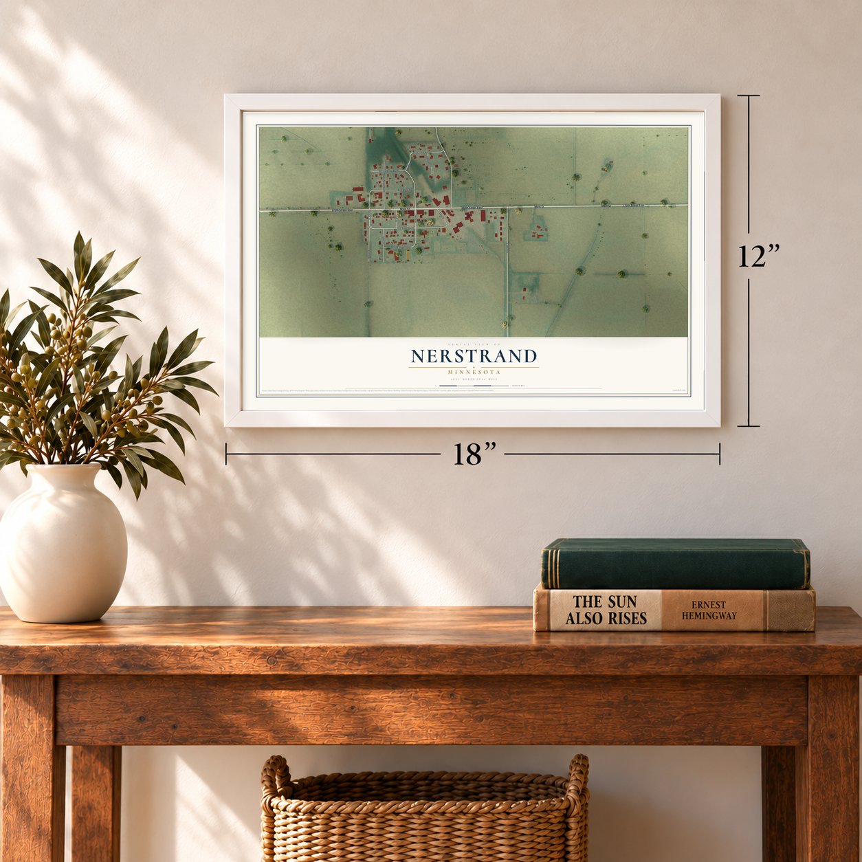 Nerstrand, Minnesota map, 12 x 18 inch print in a white frame in an entryway