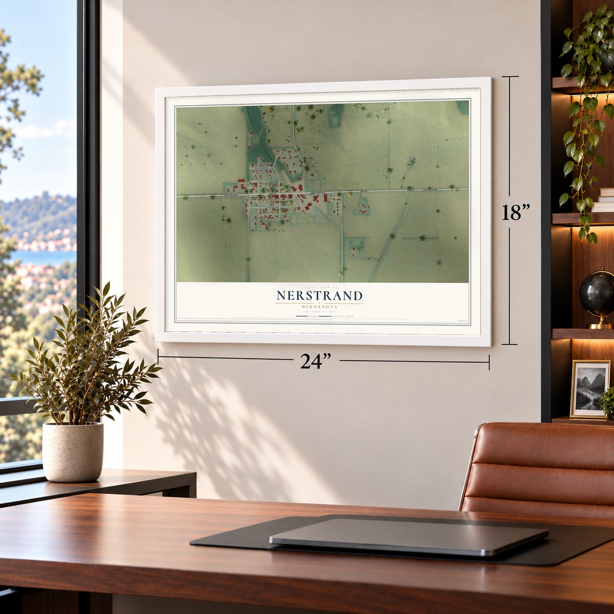 Nerstrand, Minnesota map, 18 x 24 inch print in a white frame in a home office