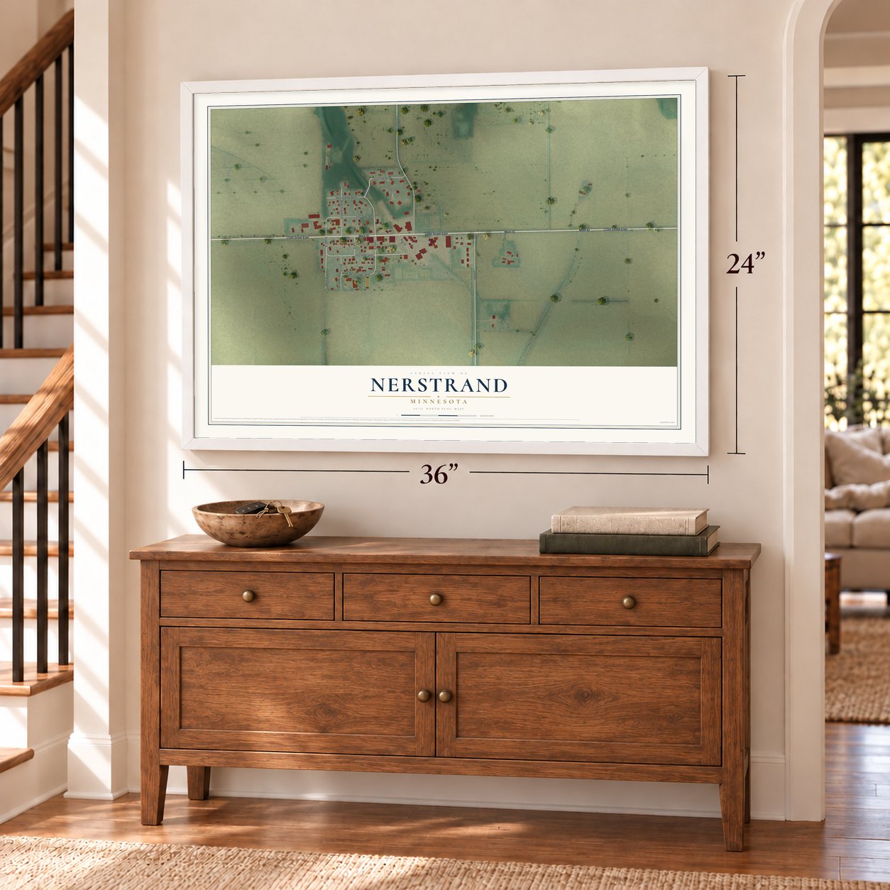 Nerstrand, Minnesota map, 24 x 36 inch print in a white frame above a dresser by a staircase