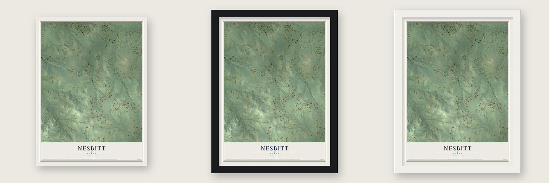 Nesbitt, Texas map unframed, in a black wood frame and in a white wood frame