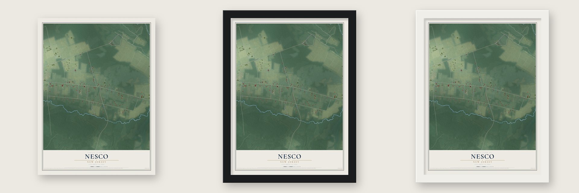 Nesco, New Jersey map unframed, in a black wood frame and in a white wood frame