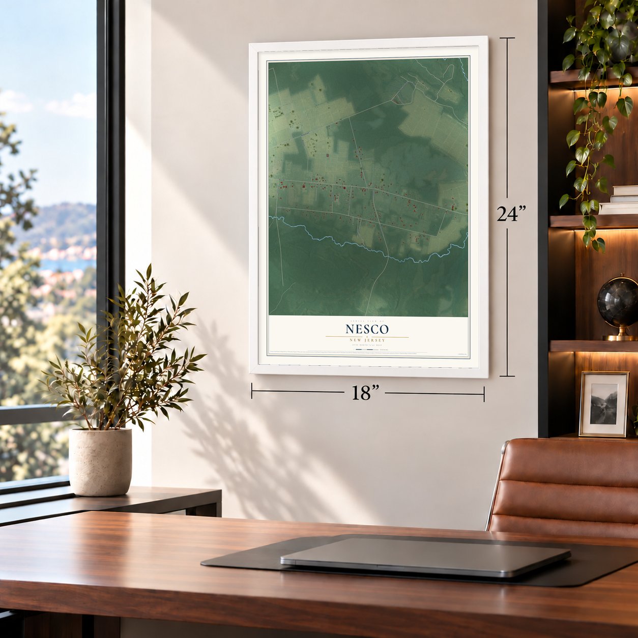 Nesco, New Jersey map, 18 x 24 inch print in a white frame in a home office