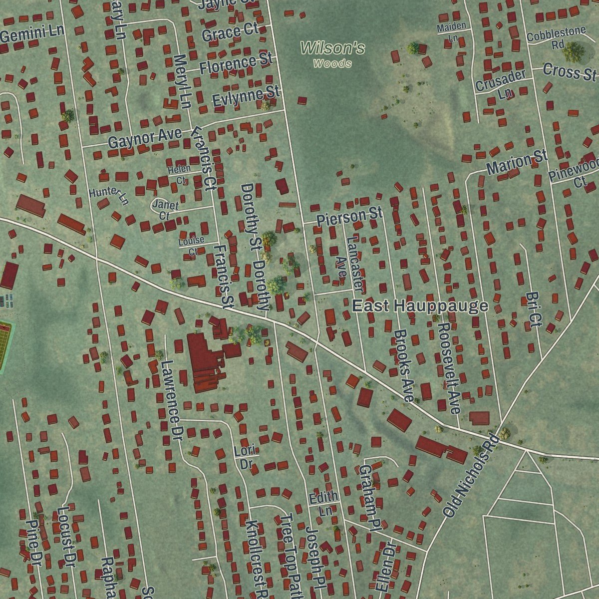 Second close-up of the map of Nesconset, New York print showing more streets and buildings