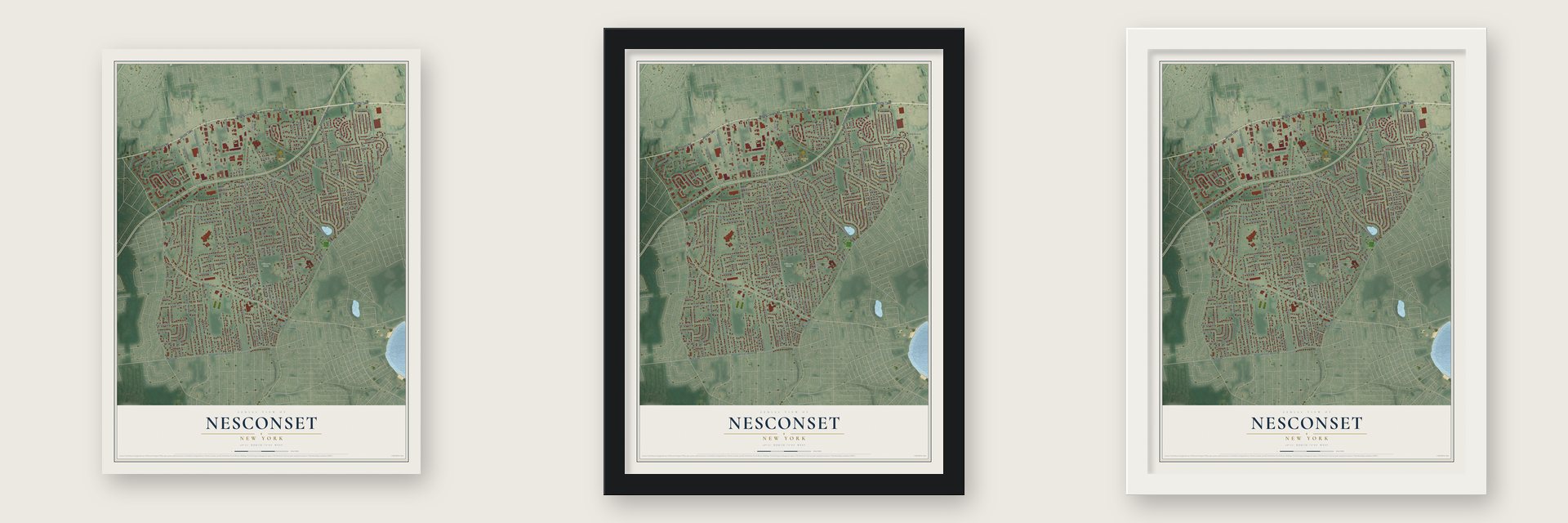 Nesconset, New York map unframed, in a black wood frame and in a white wood frame