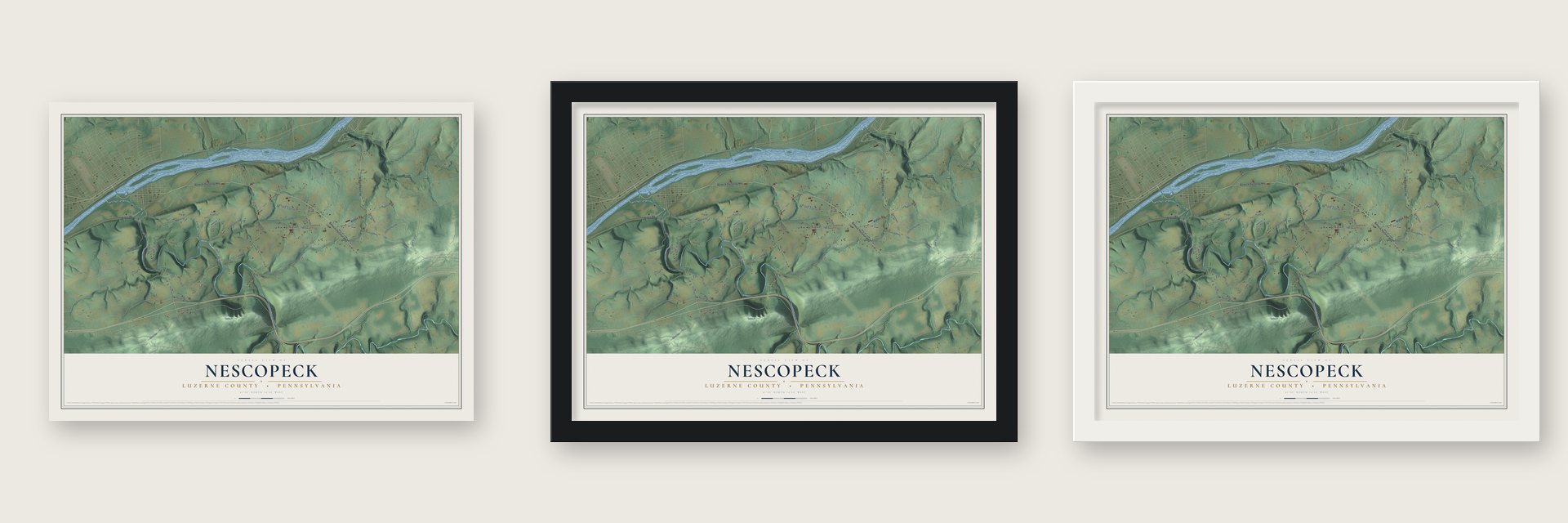 Nescopeck, Luzerne County, Pennsylvania map unframed, in a black wood frame and in a white wood frame