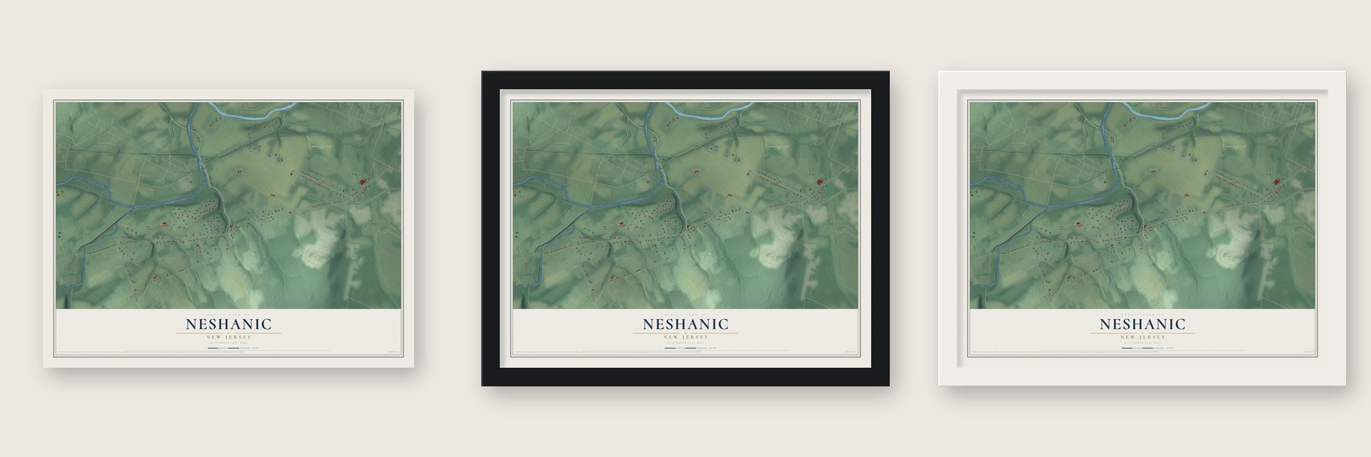 Neshanic, New Jersey map unframed, in a black wood frame and in a white wood frame