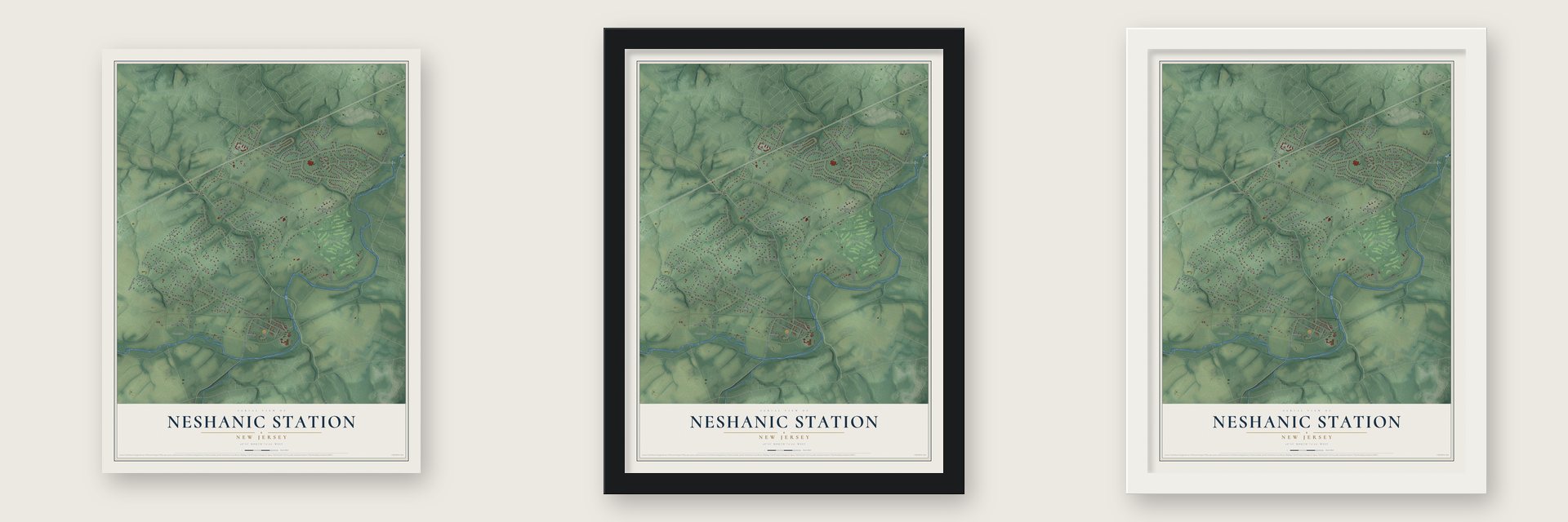 Neshanic Station, New Jersey map unframed, in a black wood frame and in a white wood frame