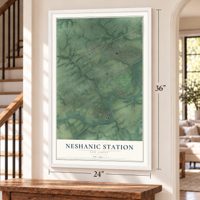 Neshanic Station, New Jersey map, 24 x 36 inch print in a white frame by a staircase