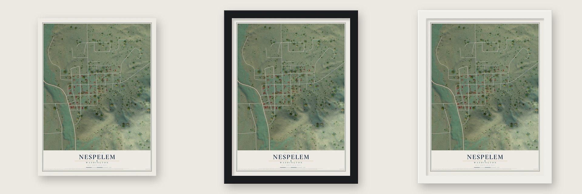 Nespelem, Washington map unframed, in a black wood frame and in a white wood frame