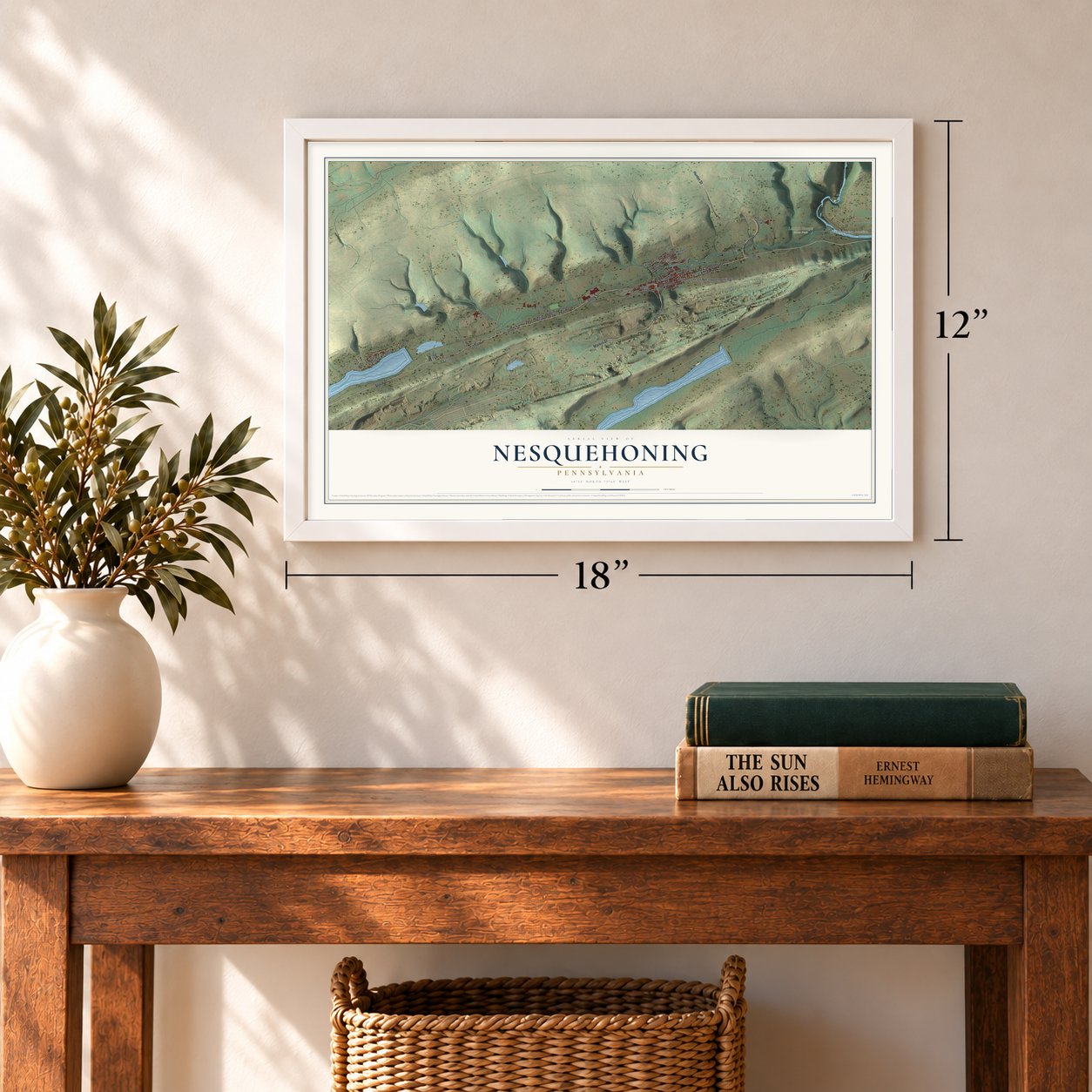 Nesquehoning, Pennsylvania map, 12 x 18 inch print in a white frame in an entryway
