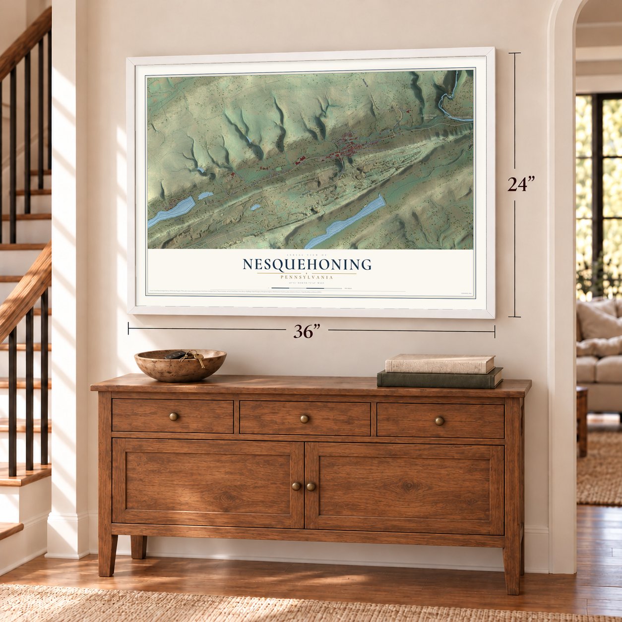 Nesquehoning, Pennsylvania map, 24 x 36 inch print in a white frame above a dresser by a staircase