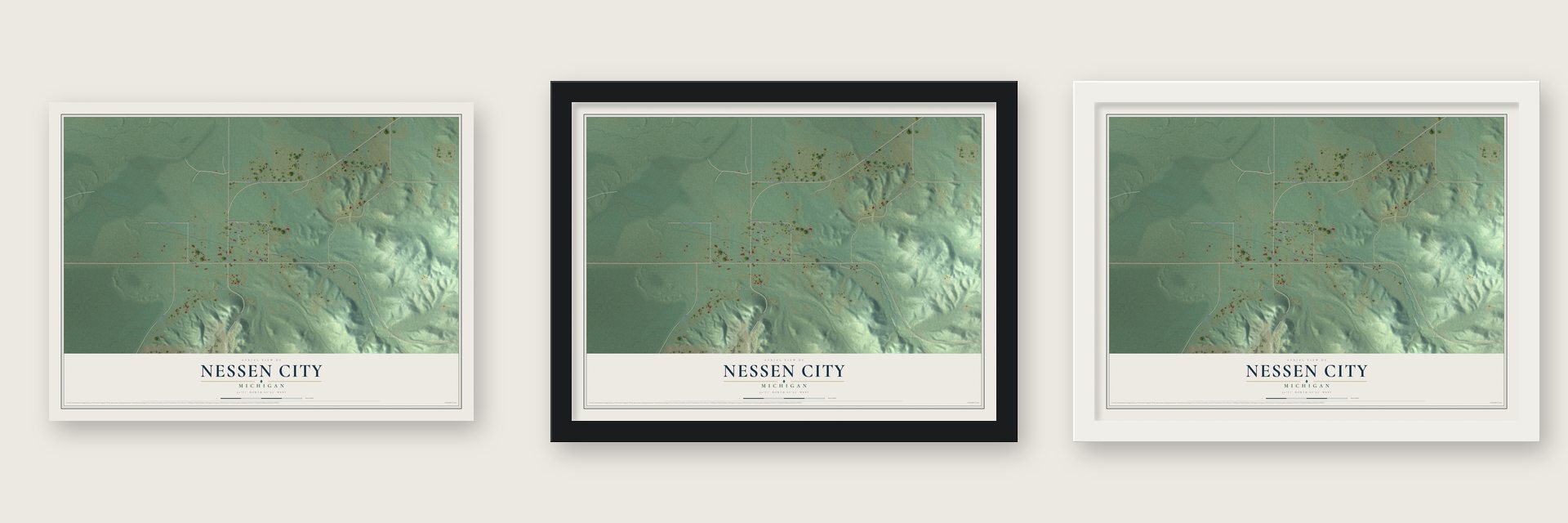 Nessen City, Michigan map unframed, in a black wood frame and in a white wood frame