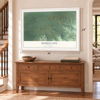 Nessen City, Michigan map, 24 x 36 inch print in a white frame above a dresser by a staircase
