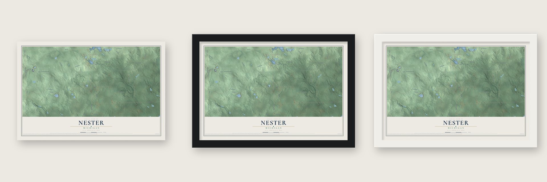 Nester, Michigan map unframed, in a black wood frame and in a white wood frame