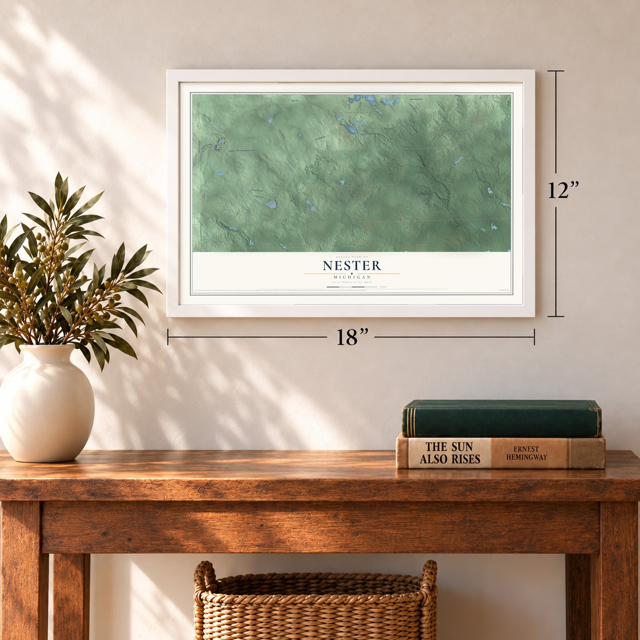 Nester, Michigan map, 12 x 18 inch print in a white frame in an entryway