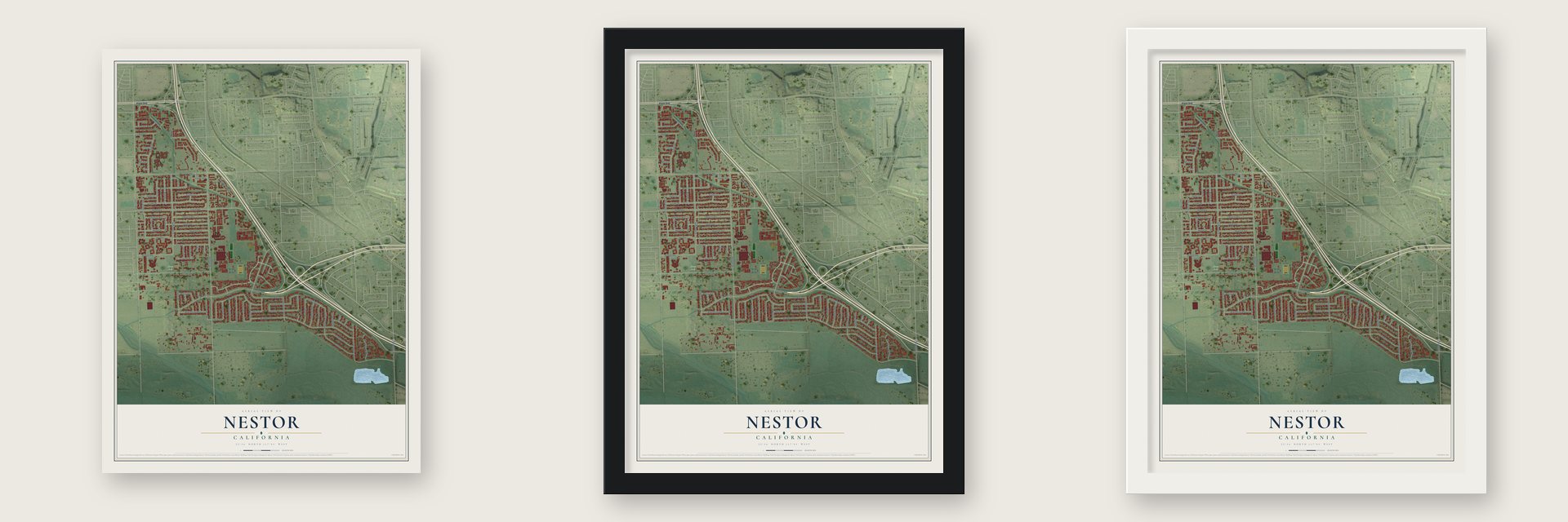 Nestor, California map unframed, in a black wood frame and in a white wood frame