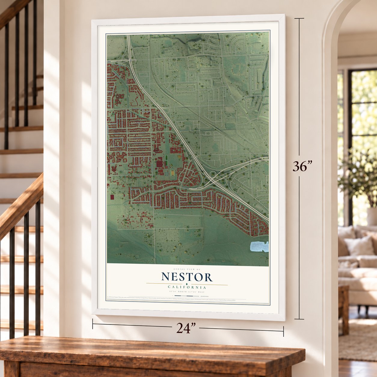 Nestor, California map, 24 x 36 inch print in a white frame by a staircase