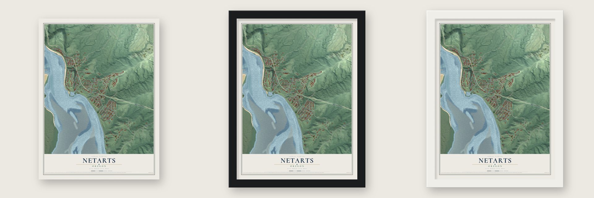 Netarts, Oregon map unframed, in a black wood frame and in a white wood frame