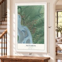 Netarts, Oregon map, 24 x 36 inch print in a white frame by a staircase