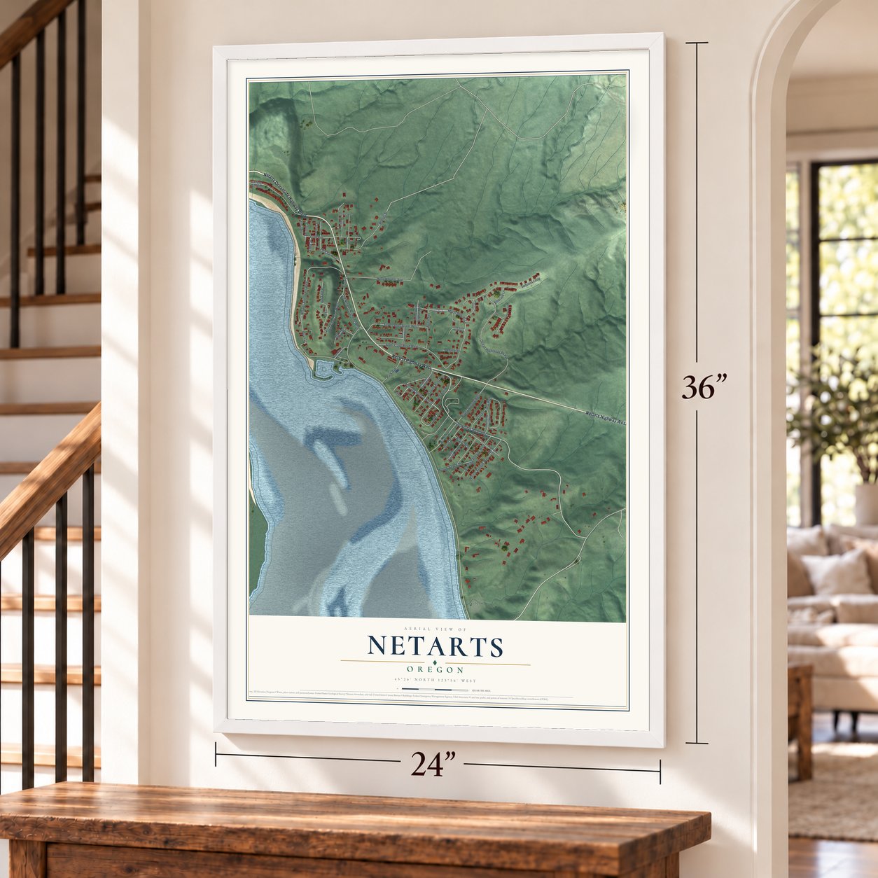 Netarts, Oregon map, 24 x 36 inch print in a white frame by a staircase