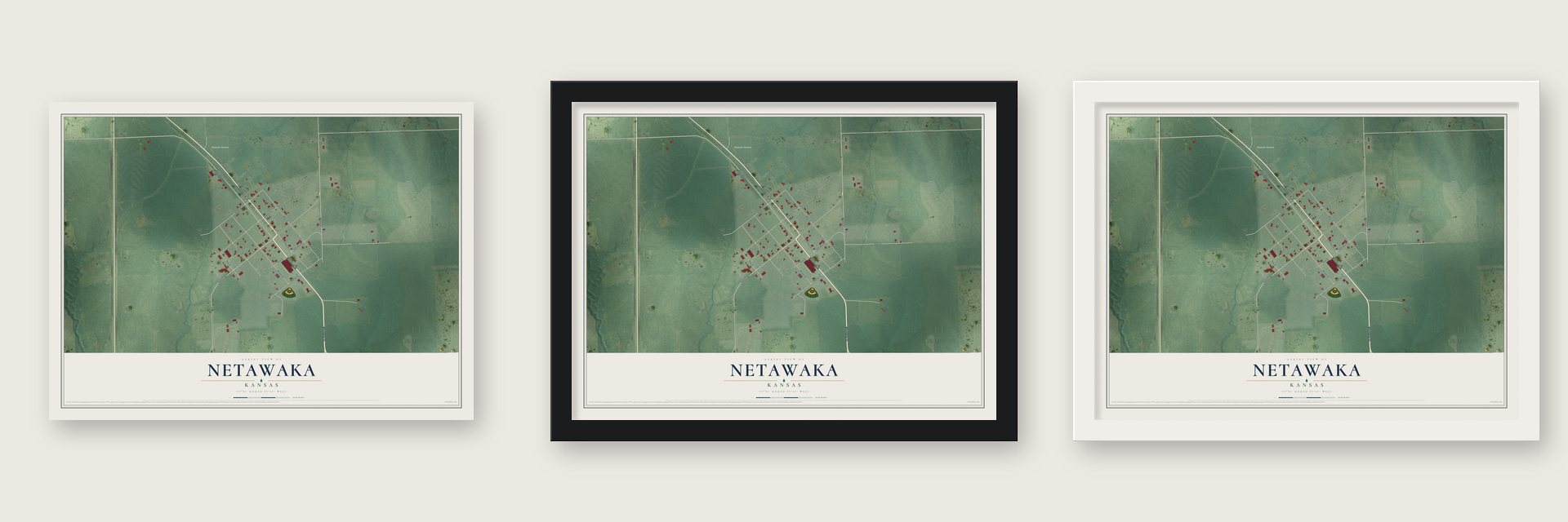 Netawaka, Kansas map unframed, in a black wood frame and in a white wood frame