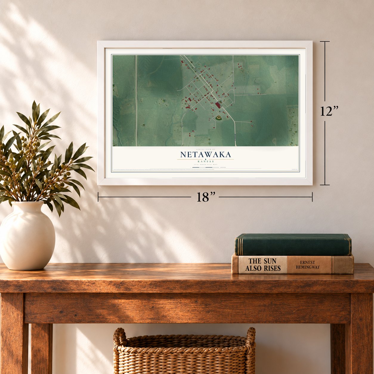 Netawaka, Kansas map, 12 x 18 inch print in a white frame in an entryway