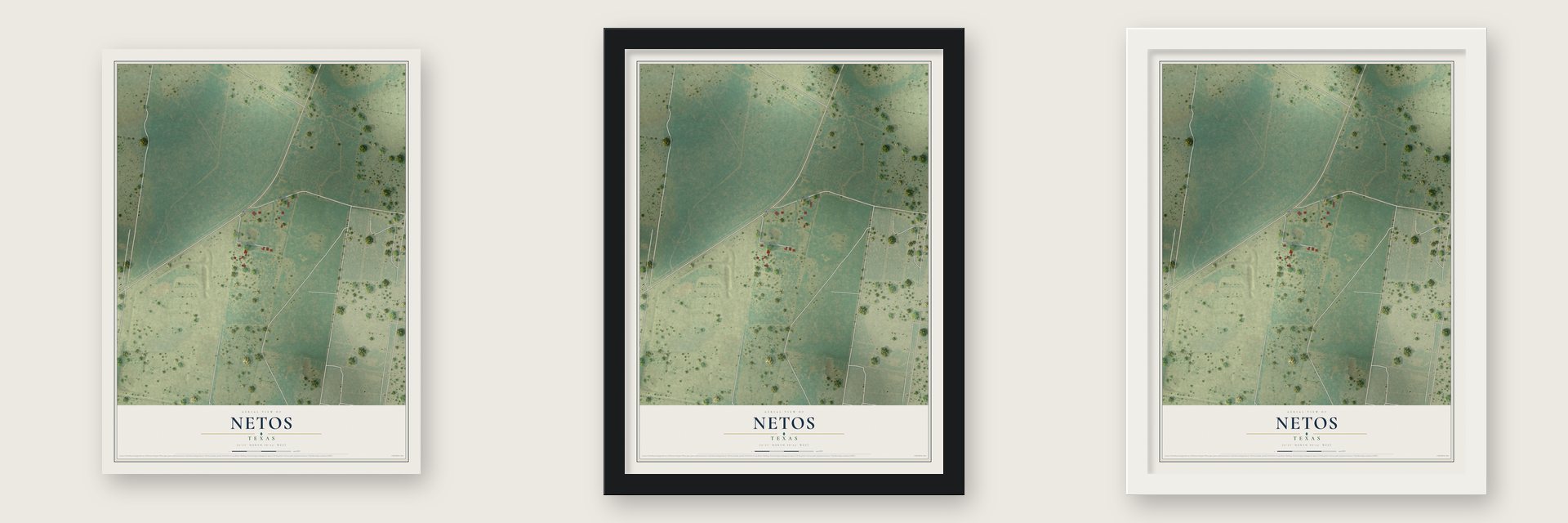 Netos, Texas map unframed, in a black wood frame and in a white wood frame