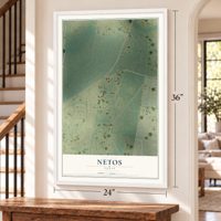 Netos, Texas map, 24 x 36 inch print in a white frame by a staircase