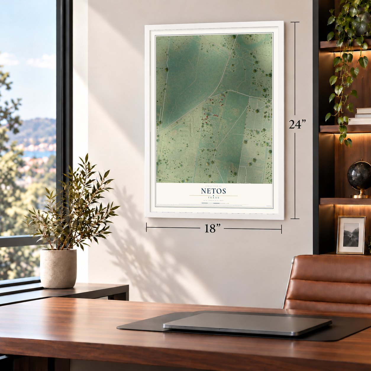 Netos, Texas map, 18 x 24 inch print in a white frame in a home office