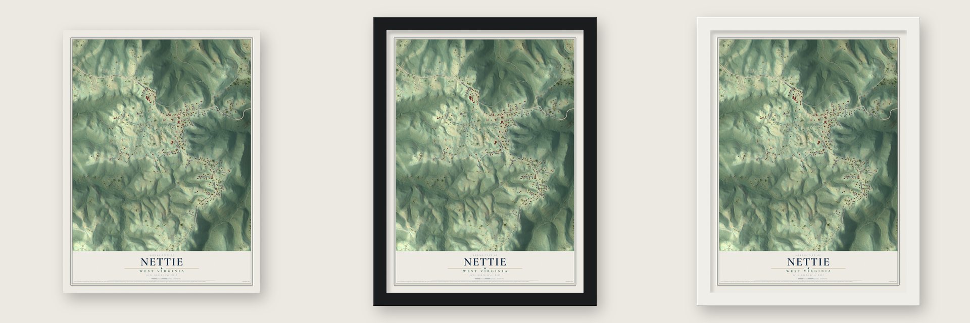 Nettie, West Virginia map unframed, in a black wood frame and in a white wood frame