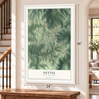 Nettie, West Virginia map, 24 x 36 inch print in a white frame by a staircase