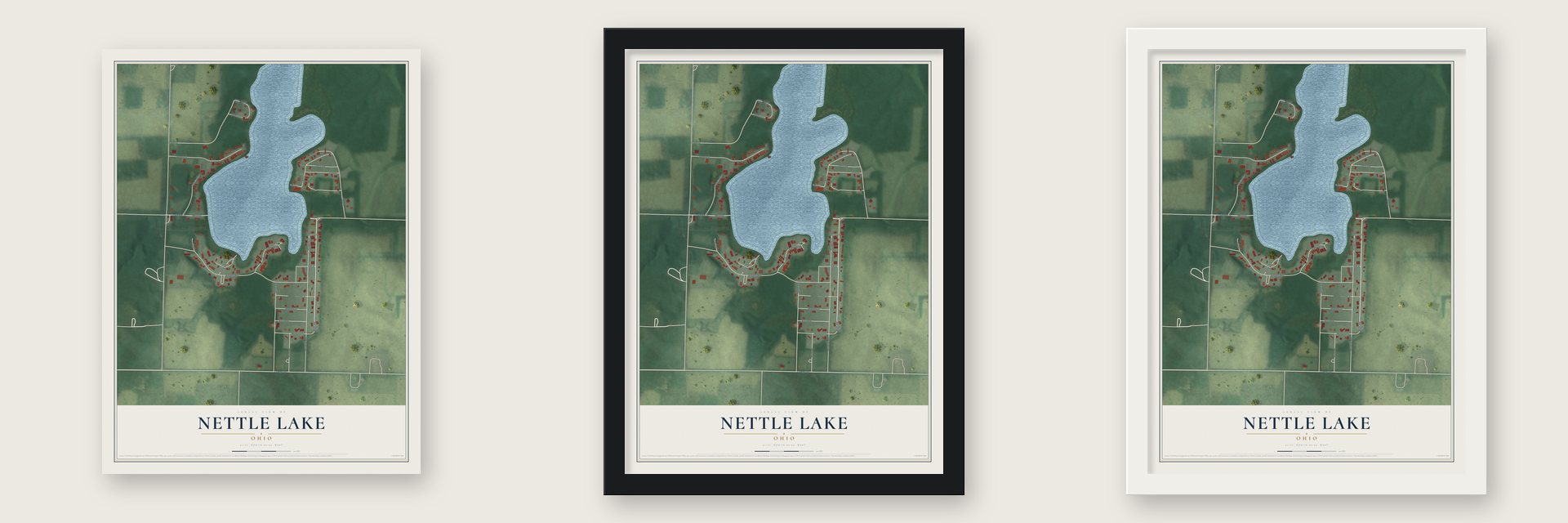 Nettle Lake, Ohio map unframed, in a black wood frame and in a white wood frame