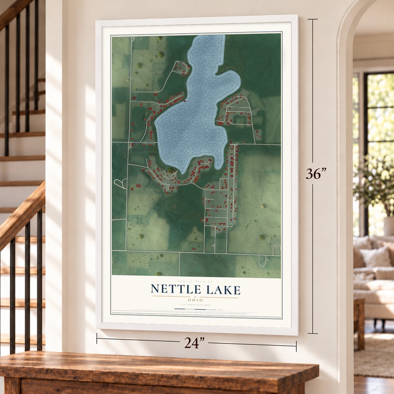 Nettle Lake, Ohio map, 24 x 36 inch print in a white frame by a staircase