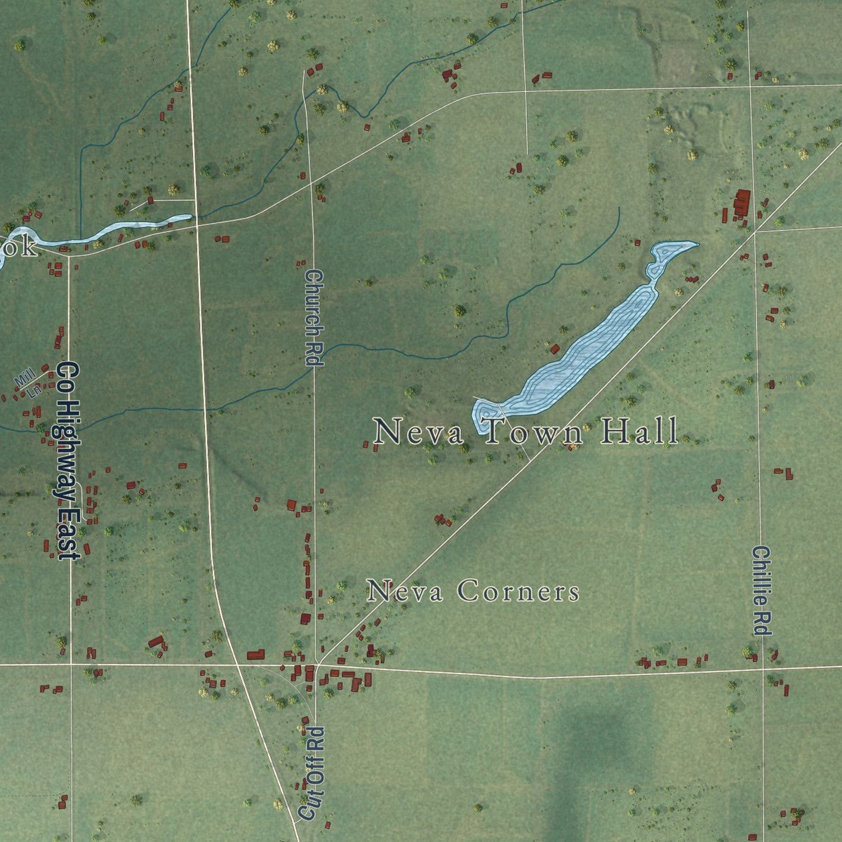 Second close-up of the map of Neva, Wisconsin print showing more streets and buildings