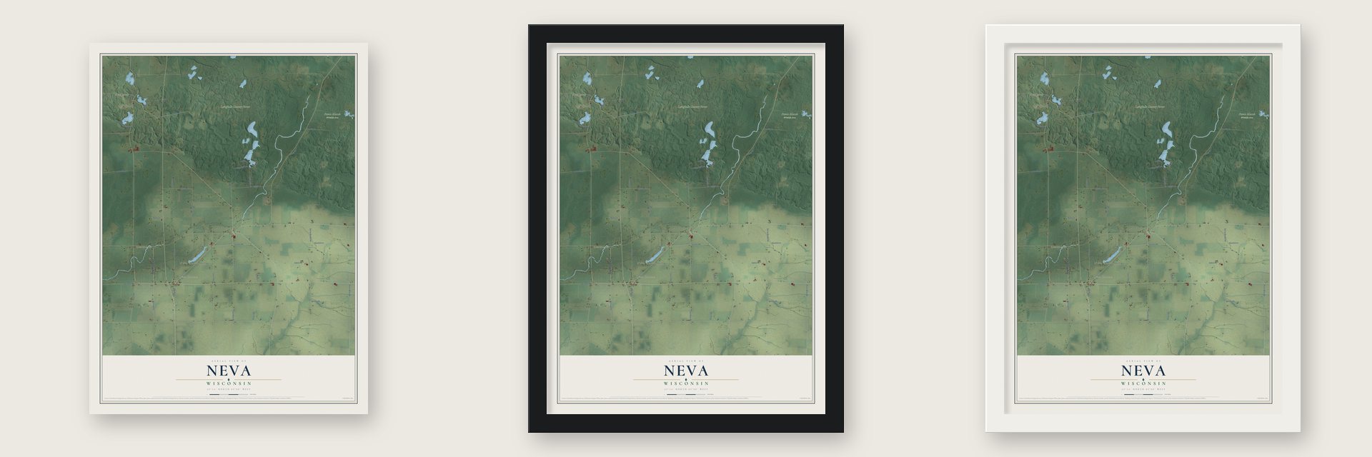 Neva, Wisconsin map unframed, in a black wood frame and in a white wood frame