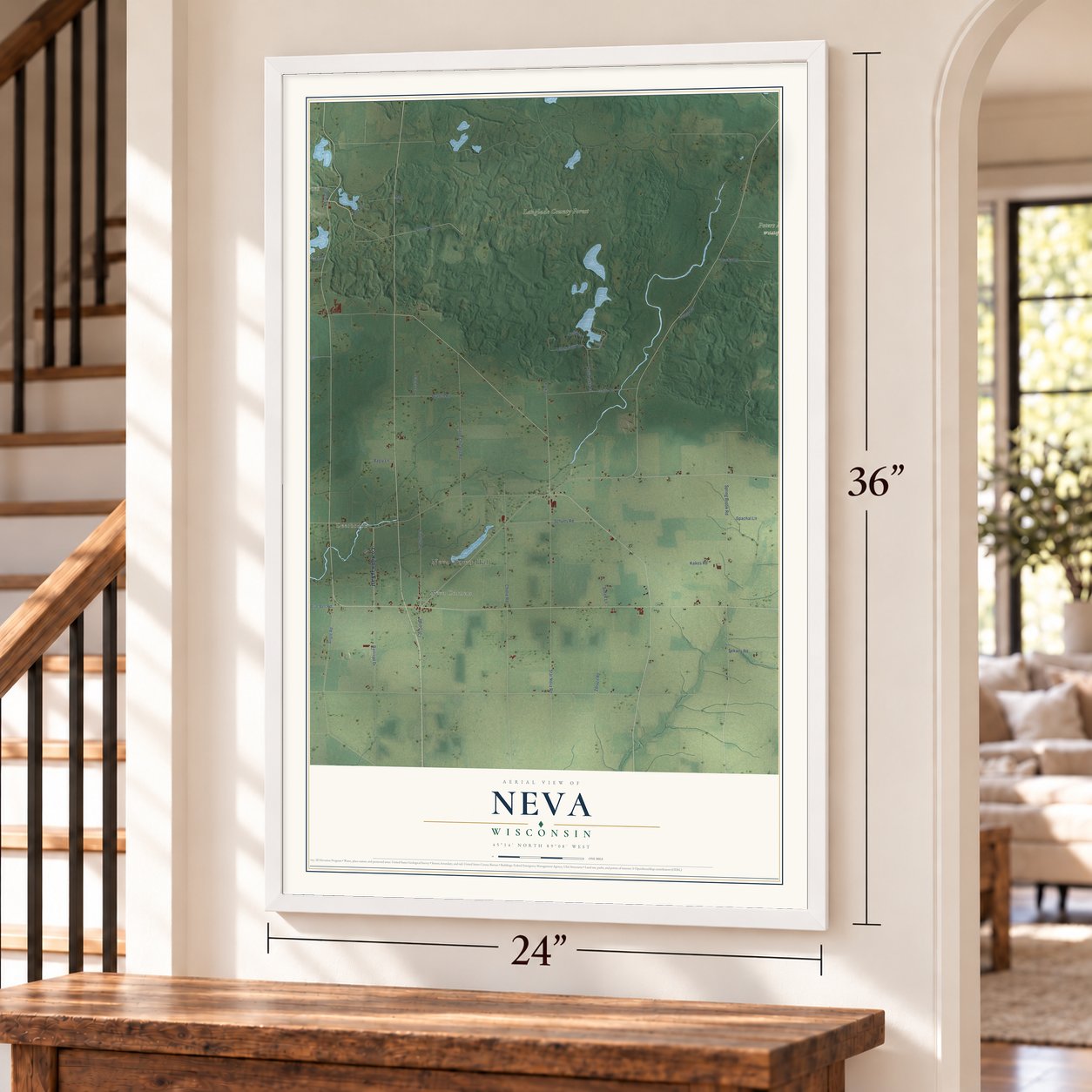 Neva, Wisconsin map, 24 x 36 inch print in a white frame by a staircase