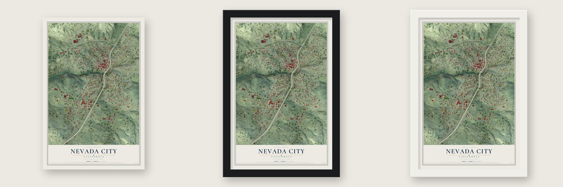 Nevada City, California map unframed, in a black wood frame and in a white wood frame