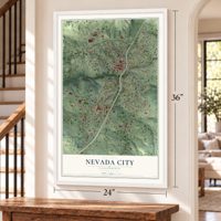 Nevada City, California map, 24 x 36 inch print in a white frame by a staircase