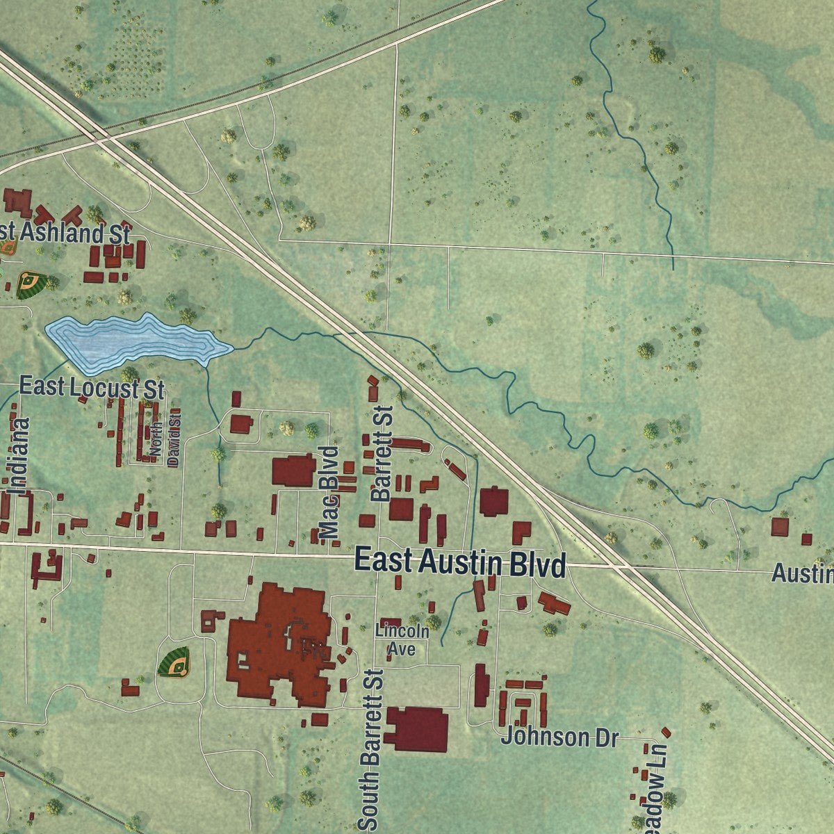 Second close-up of the map of Nevada, Missouri print showing more streets and buildings
